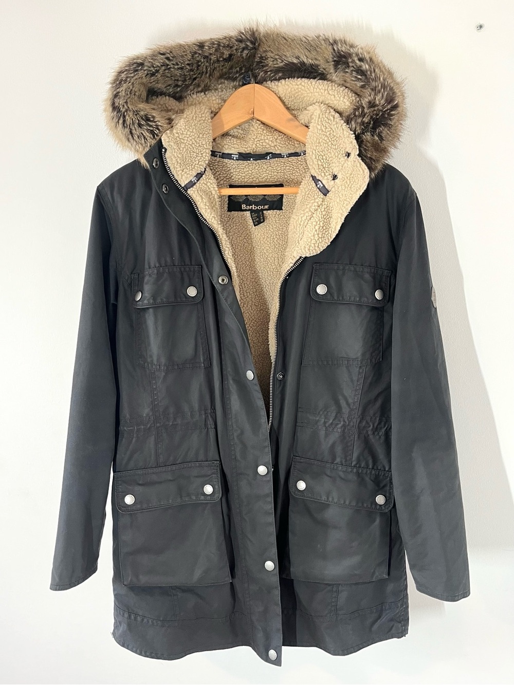 Barbour Carribena Black Sherpa-Lined Hooded Waxed Parka - Authentic